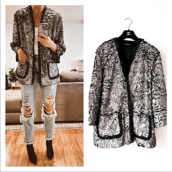 $6000 chanel 2018 collection evening CC button blazer jacket 42 black gray